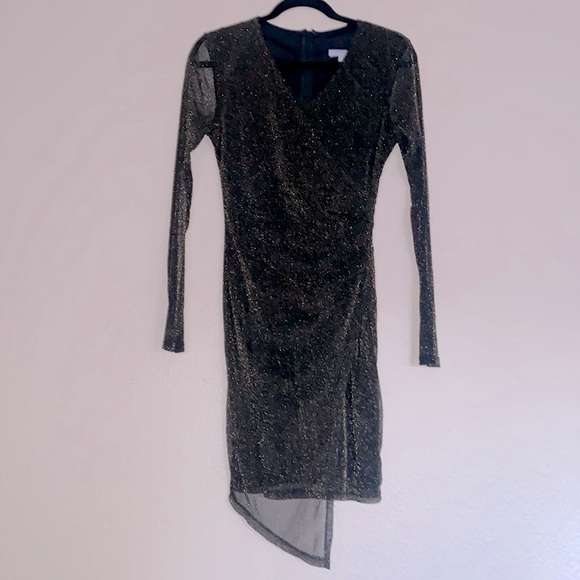 Faux Wrap Party Dress, Gold Shimmer on Black, Sheer Sleeves, Size Medium - Picture 1 of 9